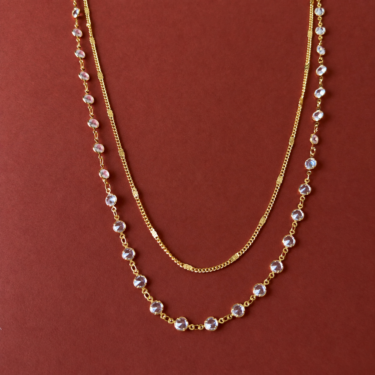Double Layer Crystal Station & Curb Chain Necklace Set