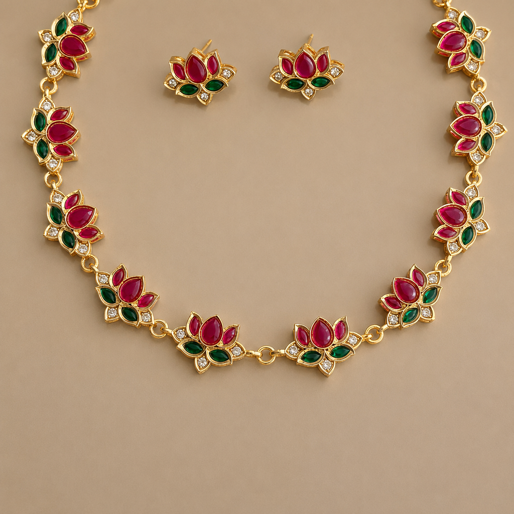 Ruby Green Lotus Necklace Set with Stud Earrings