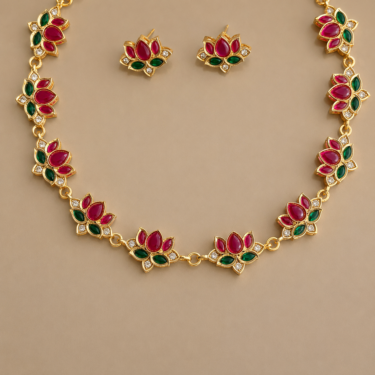 Ruby Green Lotus Necklace Set with Stud Earrings
