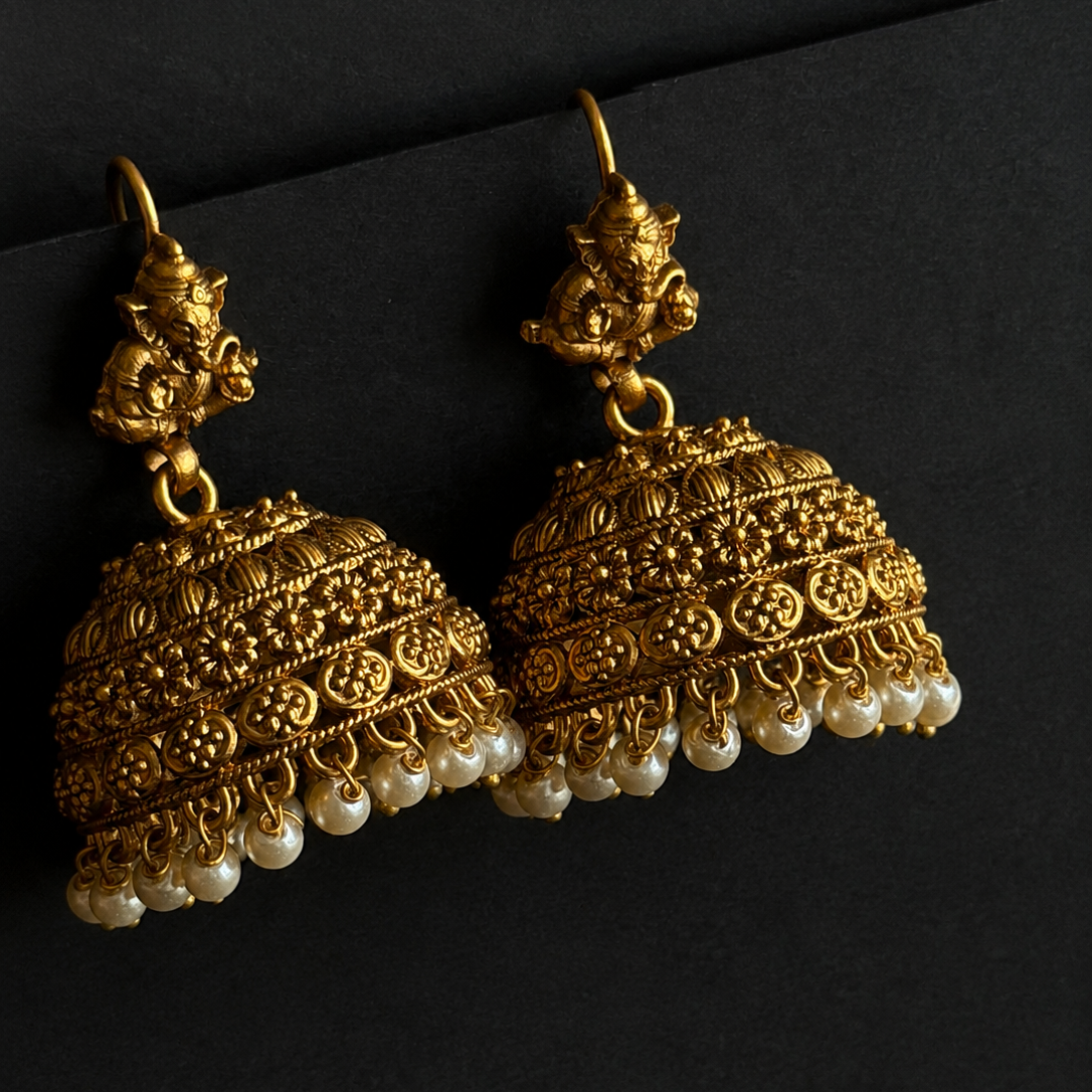 Small Ganesh Motif Pearl Drop Earrings