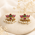 Ruby Emerald Lotus Temple Earrings with Pearl Drops