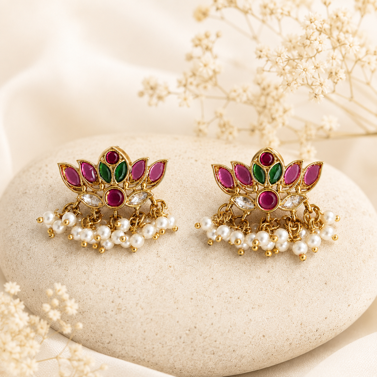 Ruby Emerald Lotus Temple Earrings with Pearl Drops