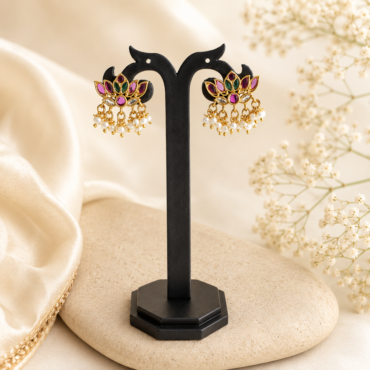 Ruby Emerald Lotus Temple Earrings with Pearl Drops