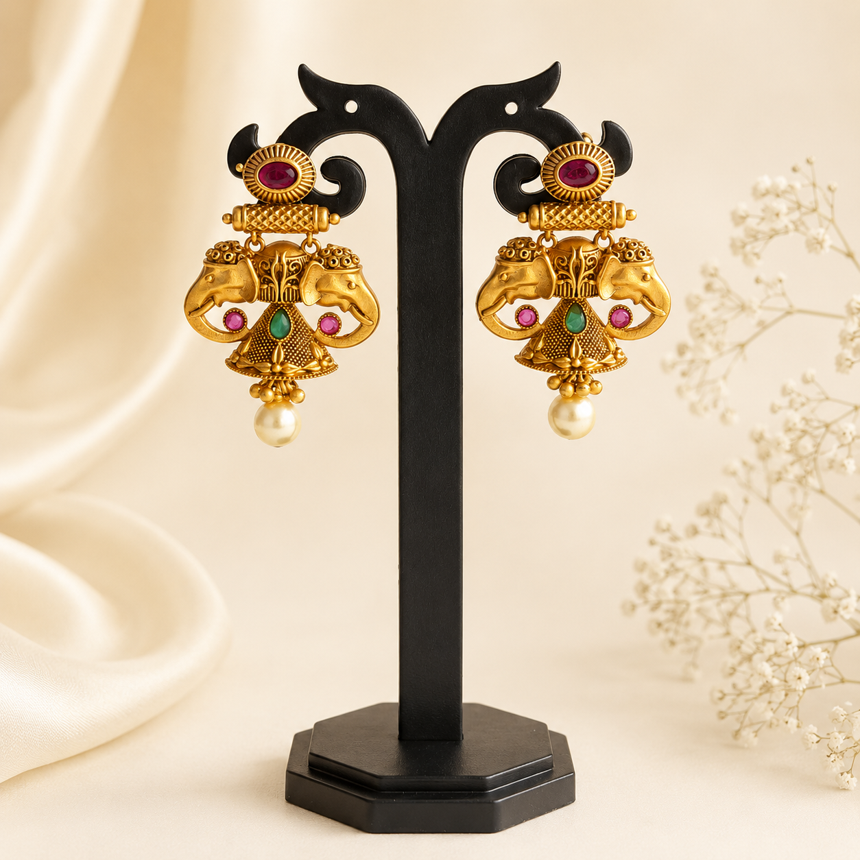 Antique Gold Elephant Jhumka Earrings with Ruby & Emerald Kemp