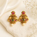Antique Gold Elephant Jhumka Earrings with Ruby & Emerald Kemp