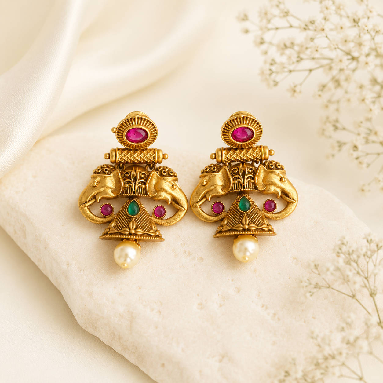 Antique Gold Elephant Jhumka Earrings with Ruby & Emerald Kemp