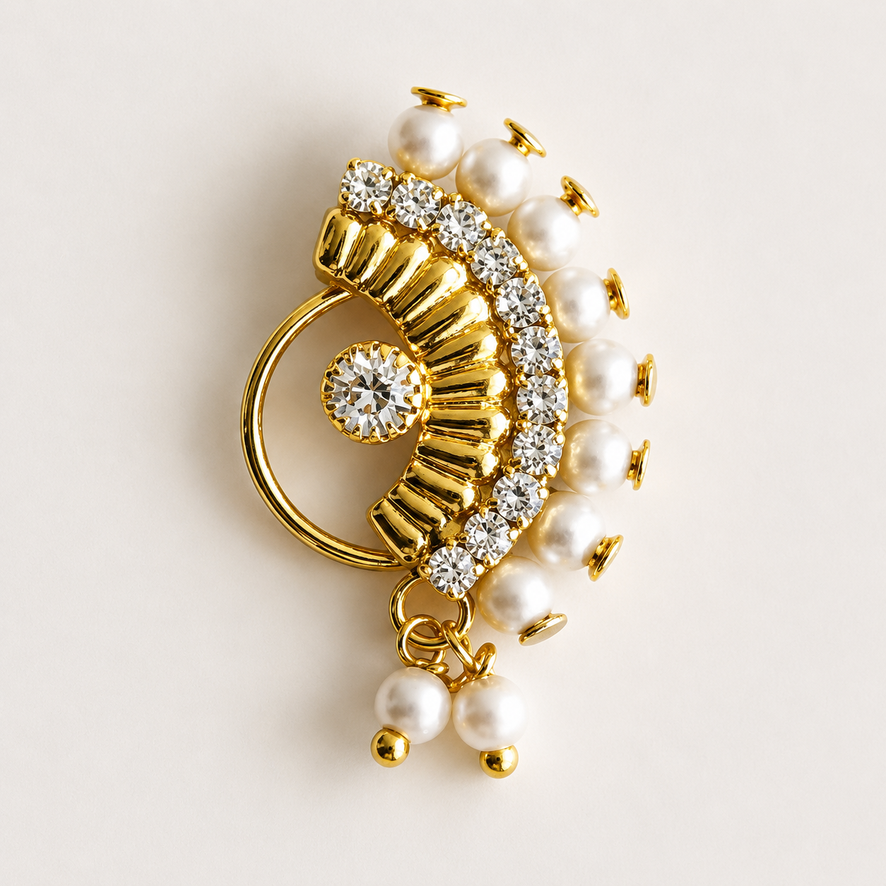 Diamond CZ Pearl Maharashtrian Nath with Pearl Drops