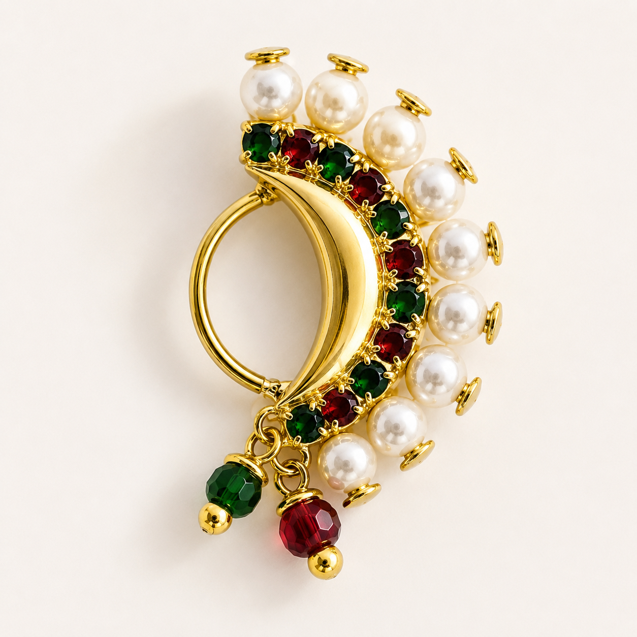 Pearl, Ruby & Emerald Crescent Gold Ring