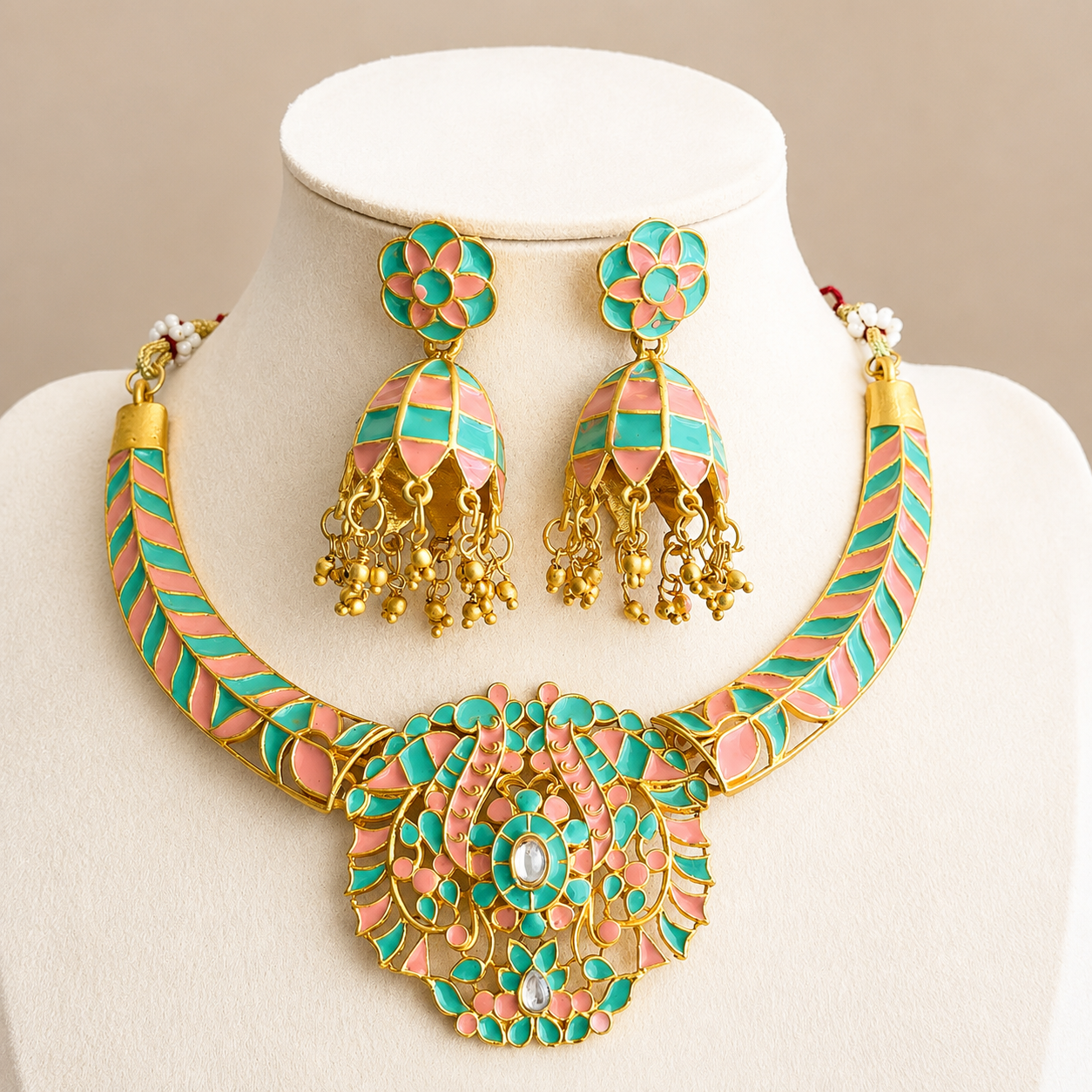 Mint & Pink Meenakari Necklace Set with Jhumka Earrings