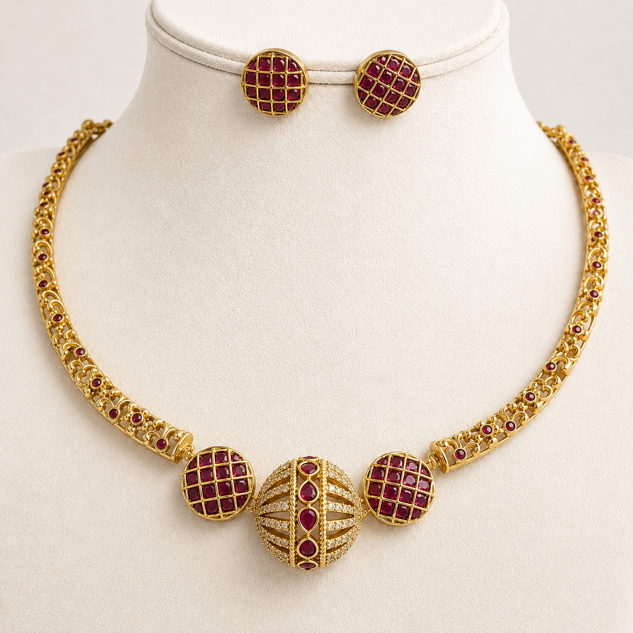 Ruby Grid Ball Necklace Set
