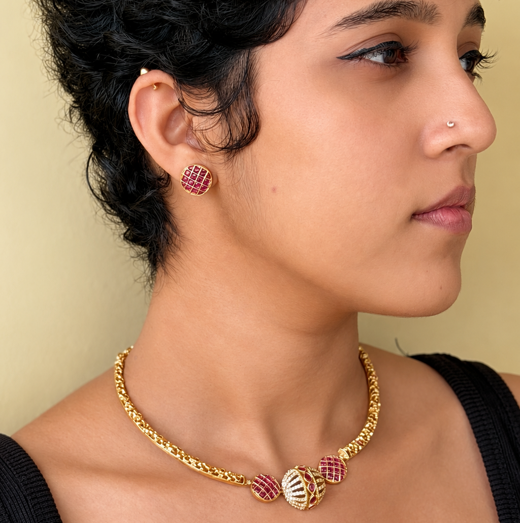 Ruby Grid Ball Necklace Set