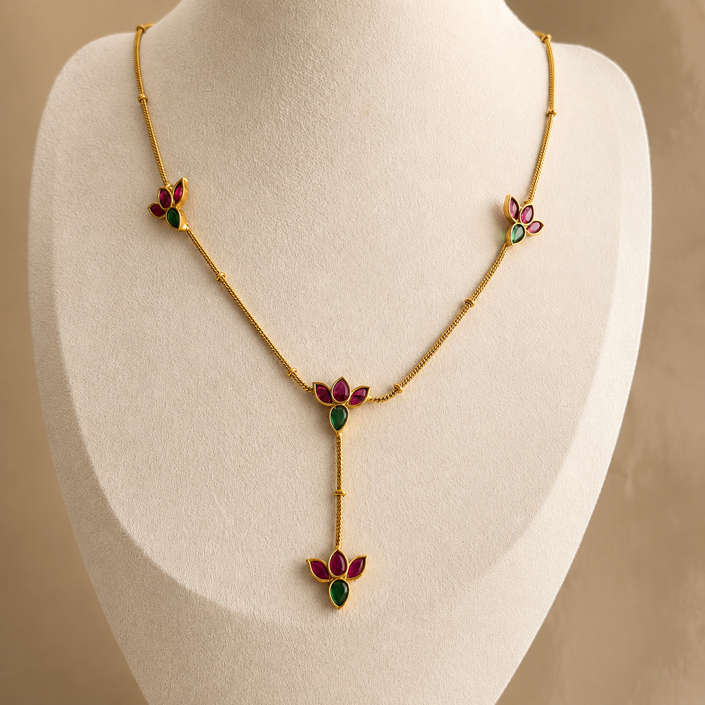 Lotus Motif Ruby Green Stone Necklace Set
