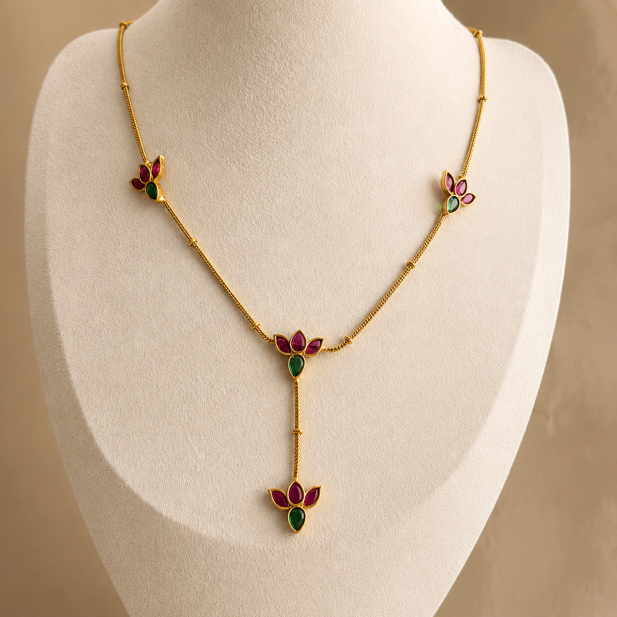 Lotus Motif Ruby Green Stone Necklace Set