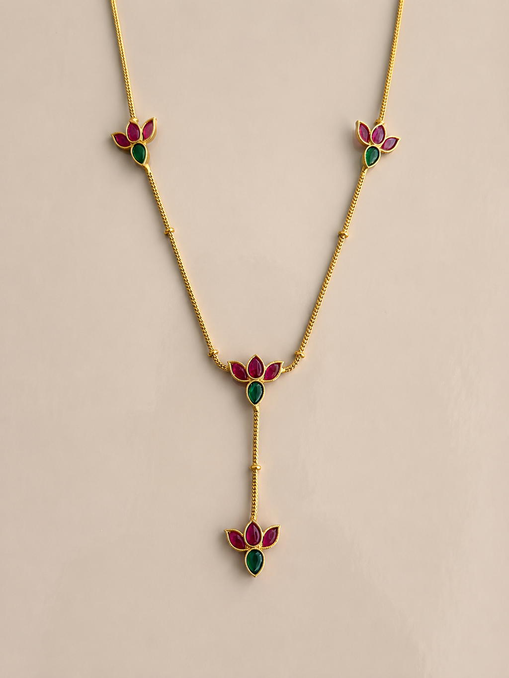 Lotus Motif Ruby Green Stone Necklace Set