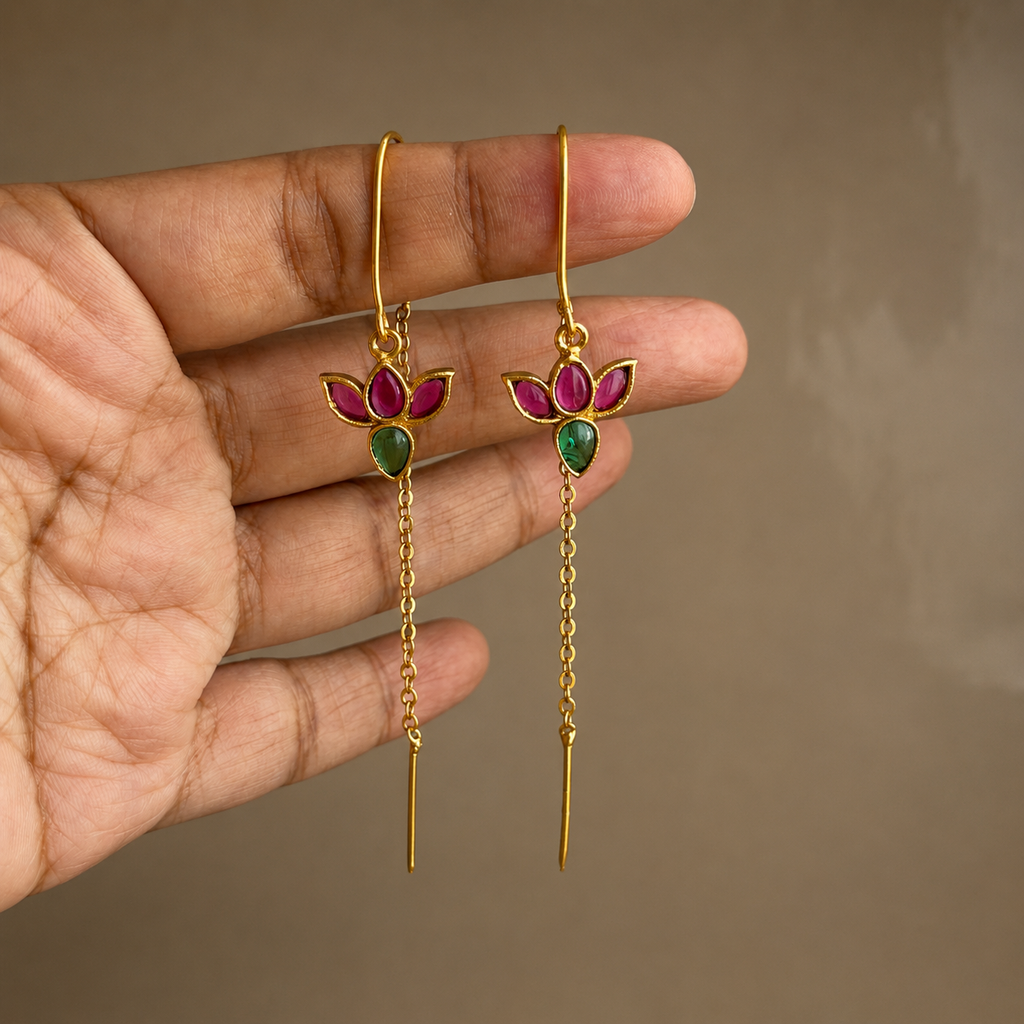 Lotus Motif Ruby Green Stone Necklace Set